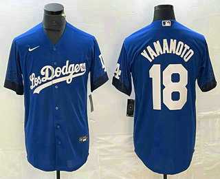 Mens Los Angeles Dodgers #18 Yoshinobu Yamamoto Blue 2021 City Connect Cool Base Stitched Jersey